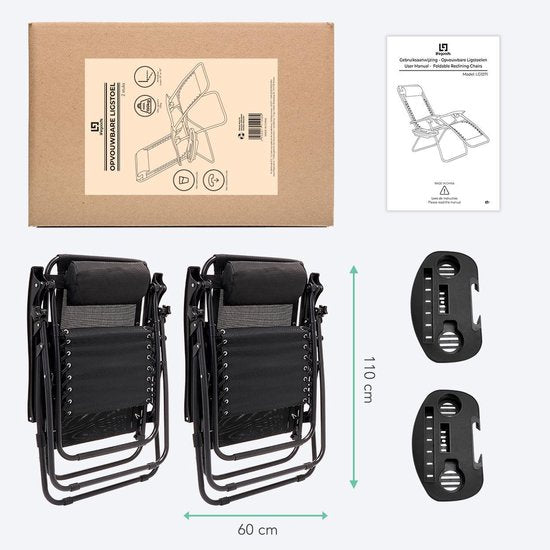 LifeGoods Opvouwbare Tuinstoelen - 2 Stuks - Ligstoel Tuin - 30°-90° Verstelbaar - Metaal - Zwart