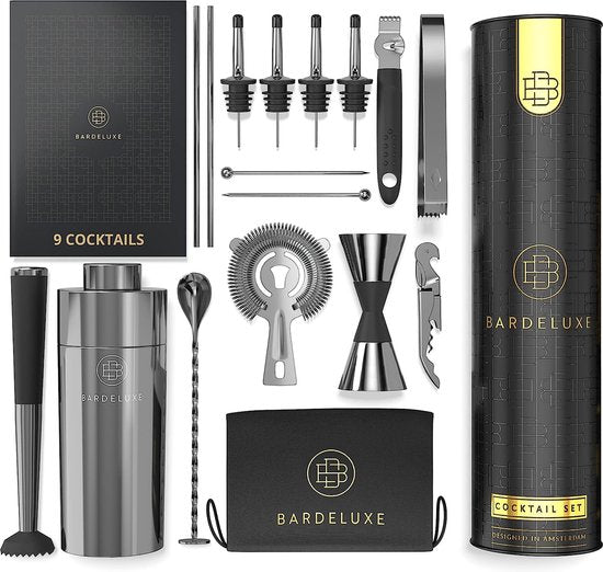 Cocktailset, 17-delig, barkeeperset, cocktailmixerset, 750 ml cocktailshaker roestvrij staal, cocktailshakerset, bartender set, luxe cocktailcadeauset, tas & receptenboek (zwart)