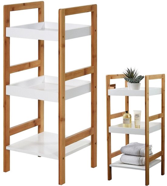 Bamboe houten bijzet kastje/badkamer rek wit/bruin met 3 planken 30 x 30 x 72 cm - Bijzetkastjes