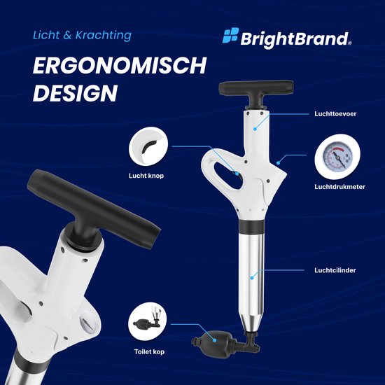 Brightbrand PressurePro Afvoer ontstopper – Toilet Ontstopper – Hogedruk Ontstopper – Wasbak Ontstopper - Inclusief Opzetstukken voor Diverse gootstenen – Ontstoppingsveer – Plopper - Drain