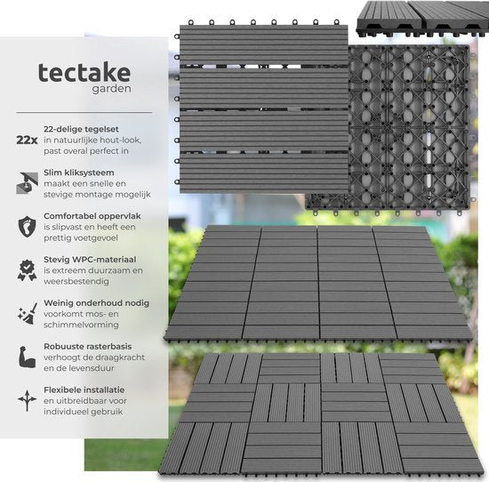 tectake® WPC houten tegels - Houtlook tegels - Weerbestendig - Vloerbedekking voor buiten - Vloertegels - Balkonvloer - Terrastegels met kliksysteem - Afvoer - Set van 22 - Grijs