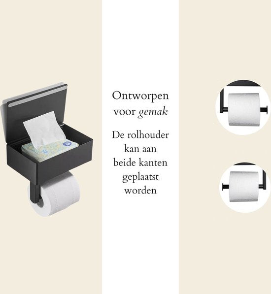 WC Rolhouder - Toiletrolhouder - Zwart - RVS - Zonder boren - Met Plankje & Bakje - Inclusief montagemateriaal - Toilet accessoires - EJC Products