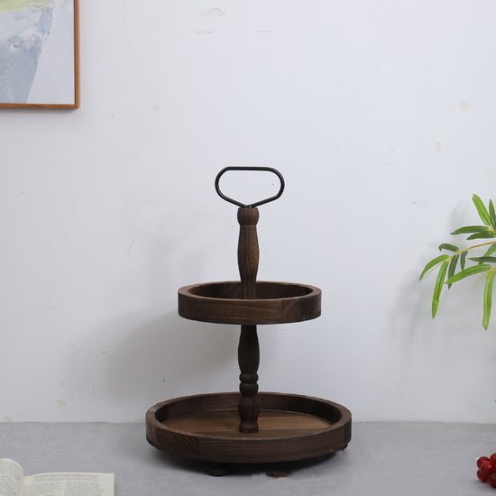 Luxe Etagère - Duurzaam Paulownia Hout- 2 Lagen - Decoratief Dienblad met Handvat - 46 cm Hoog
