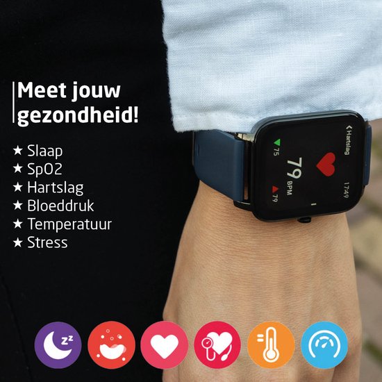BREND Smartwatch voor Dames en Heren - Stappenteller, Bloeddrukmeter en Hartslagmeter - Sporthorloge - Waterdicht – Blauw