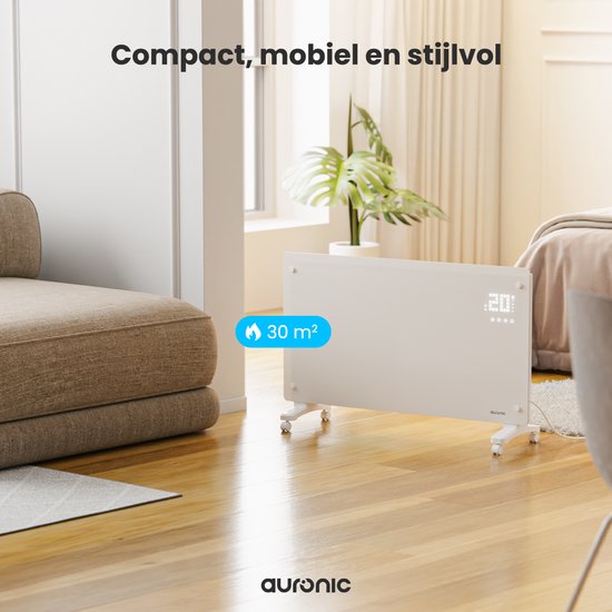 Auronic Elektrische Kachel – Convectorkachel met Thermostaat en Afstandsbediening - Paneelverwarming - tot 30 m² - 2500W Heater - Wit
