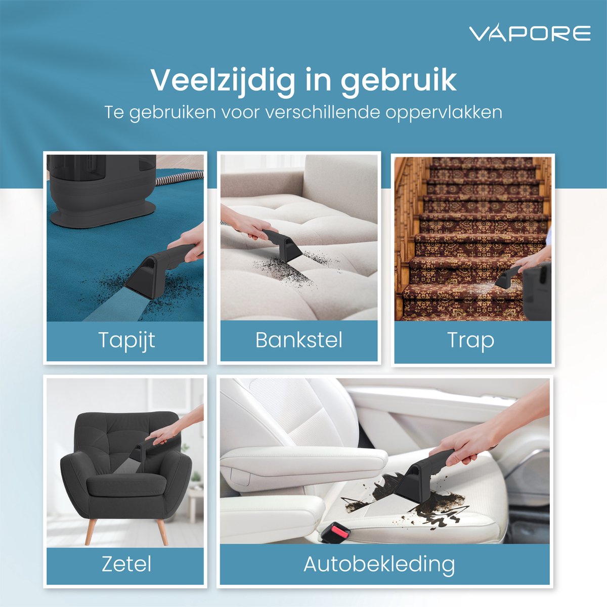 Vapore Tapijtreiniger - Draagbare Vlekkenreiniger - 1200W - Tapijtre Reinigen | Meubelreiniger | Met Zuigvermogen | Zetelreiniger | Zwart