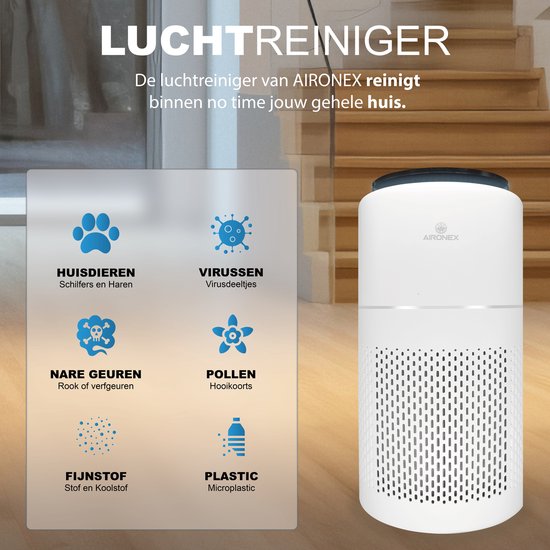 Aironex Luchtreiniger met HEPA filter - 40 m2 - Geschikt voor woonkamer, slaapkamer, kantoor, babykamer- Luchtkwaliteitsindicator - Werkt tegen huisstofmijt, hooikoorts, allergie, stof- Verwijdert 99,97%- Luchtreinigers - Air Purifier