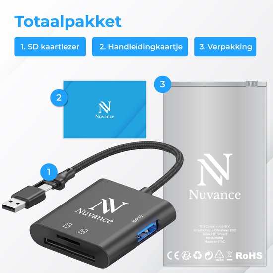 Nuvance SD Kaart Lezer - SD Card Reader - 3 in 1 - SD Kaartlezer - USB C & USB A - Micro SD Kaart Lezer - TF kaart