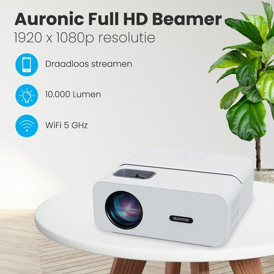 Auronic Beamer Full HD - 10.000 Lumen - WiFi - 170 inch beeldgroote - HDMI-kabel - Afstandsbediening en Draagtas - Wit
