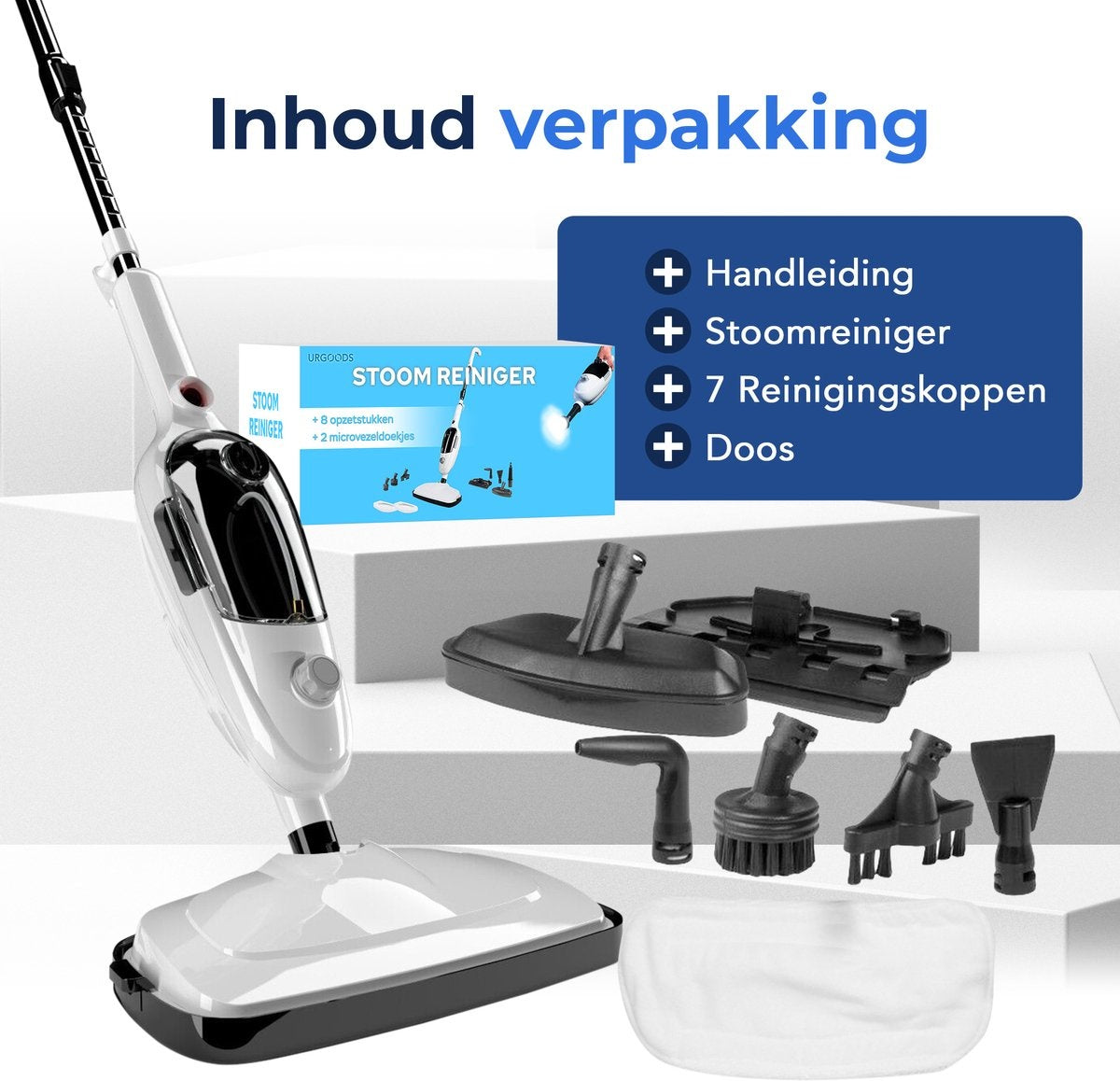 URGOODS Stoomreiniger – 2-in-1, Incl. 8 Opzetstukken & 400 ml Waterreservoir – 1550 W – 6 x 70 cm – Wit