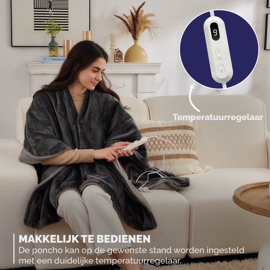 BREND BR-2220 Elektrische Deken en Poncho – Sherpa en Flanel Fleece Plaid – Warmte Cape - 160 x 130 cm - 9 Temperatuurinstellingen - Antraciet