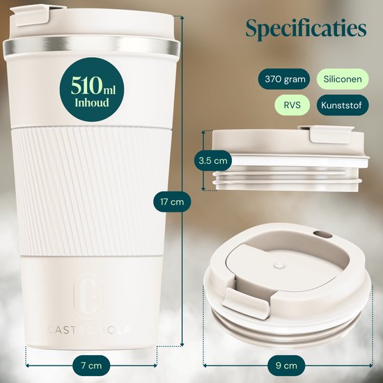 Castagnola Thermosbeker - Koffiebeker To Go - Travel Mug voor Koffie en Thee - Theebeker - 510 ML - RVS - Offwhite