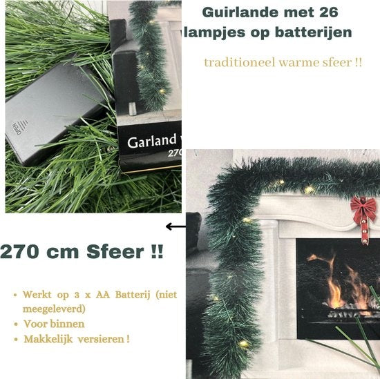 Guirlande Groen met 26 Led lampjes - warm wit- Kerstslinger -270 cm - werkt op batterijen