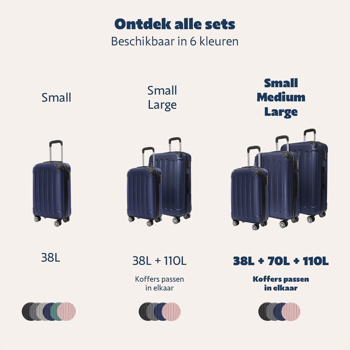 TRVLMORE Kofferset - 3 Delig - Complete Set - 38L Handbagage + 70L en 110L Ruimbagage - Donkerblauw