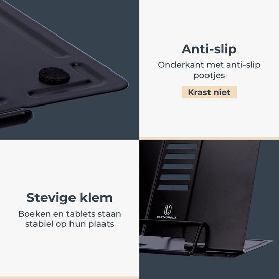Castagnola Verstelbare Boekensteun - Boekenstandaard met 6 Standen - Boekenhouder Metaal - Anti Slip Tablethouder - Kookboeken en Leesboeken