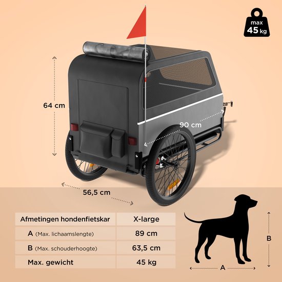 TrevoPet® Hondenfietskar XL - Opvouwbare Fietskar Hond - Hondenkar met Loopplank, Veersysteem & Weerbestendig - Geschikt voor E-Bikes - 45 kg - Grijs