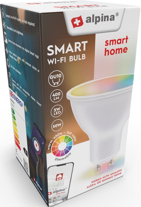 alpina Smart Home RGB Lamp - GU10 - 5W - WW + RGB - Slimme verlichting - LED - App Besturing - Spraakbediening - Amazon Alexa - Google Home