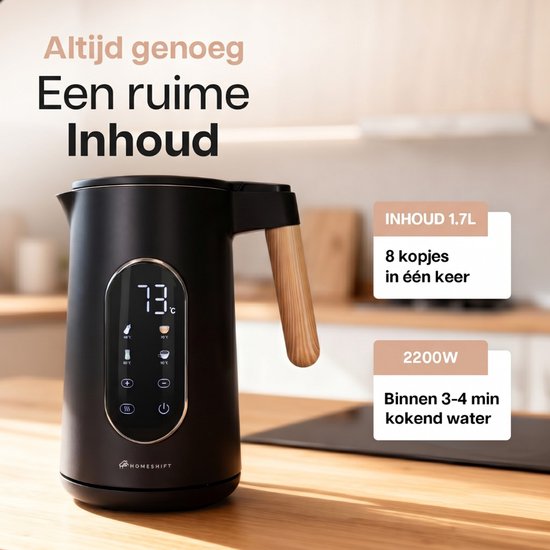 HomeShift® Waterkoker met Temperatuurregeling - Warmhoudfunctie - Dubbelwandig - Elektrisch - 1,7 Liter - 2200W - Zwart / Hout