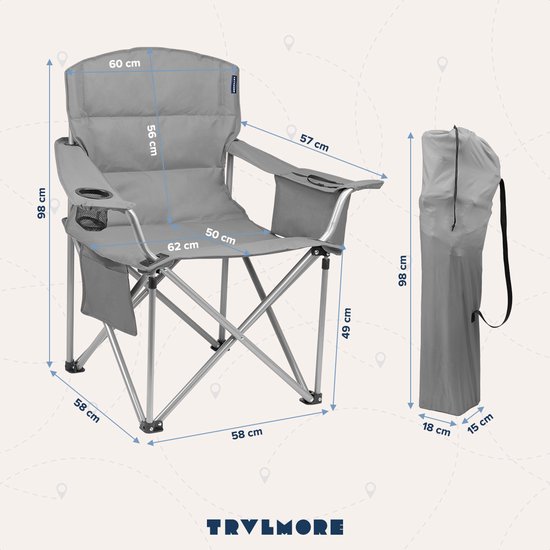 TRVLMORE Campingstoel - Opvouwbaar - XL - Comfortabele Vouwstoel - 150 kg draagvermogen - Drankhouder - Koelvak - Visstoel - Grijs