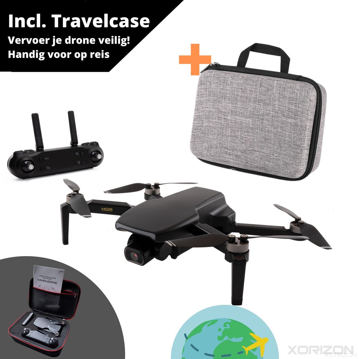 Xorizon XZ96 4K GPS drone - 4K camera - Drone met camera - Drone met GPS - Mini Drone - Brushless motoren - 50 minuten vliegtijd - 1 KM bereik - 5GHz Wifi FPV - incl. Travelcase - Geen vliegbewijs nodig - 242 gram - 2 accu's meegeleverd - Zwart