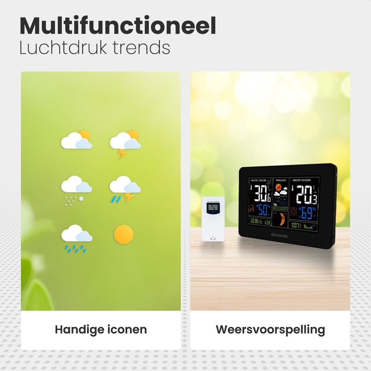 Auronic Weerstation - Draadloos - Binnen en Buiten - met Buitensensor - 60M Bereik - Zwart