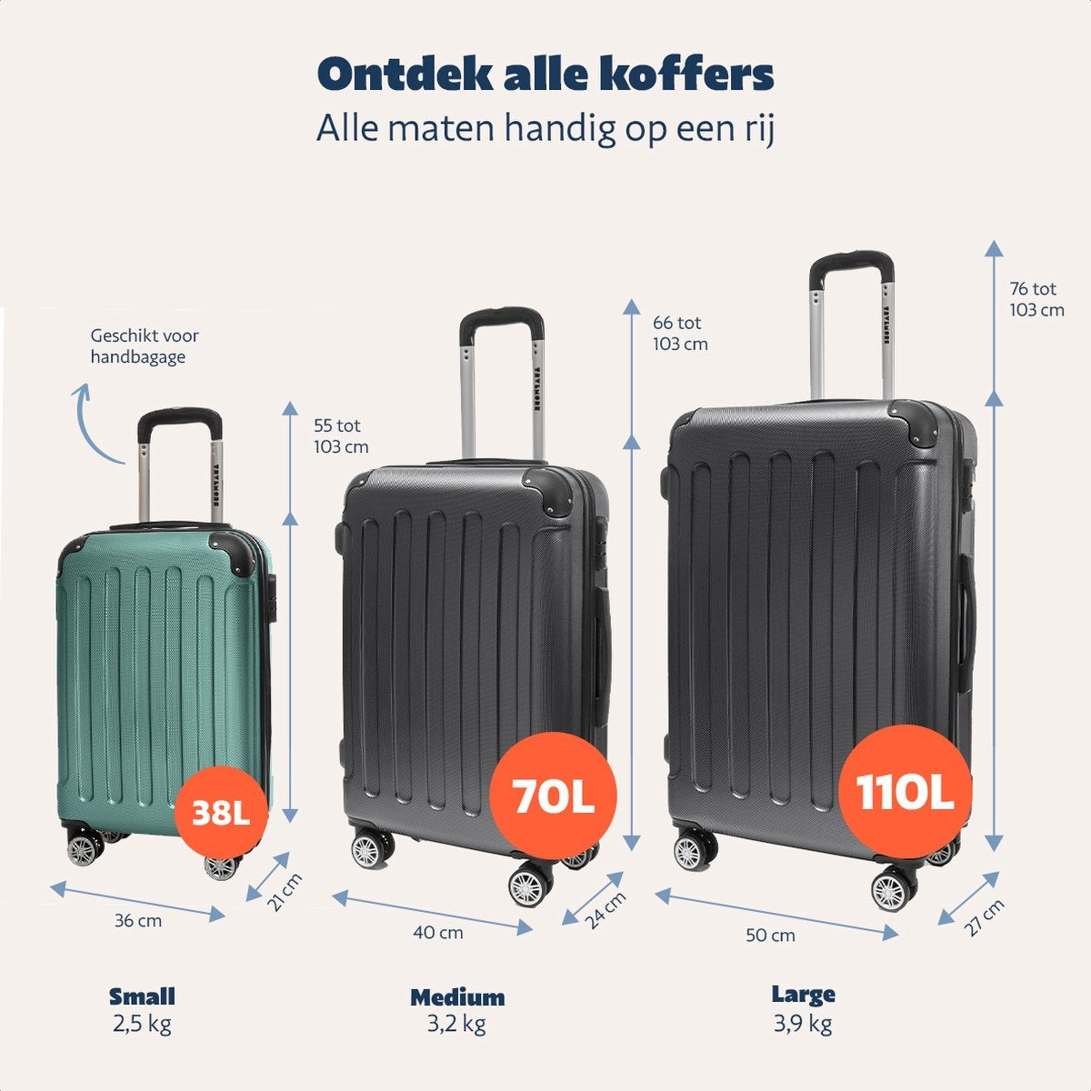 TRVLMORE Handbagage Koffer met Wielen - 54x36x20cm - 38L - Donkergroen
