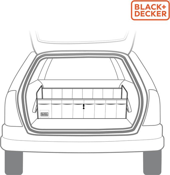 BLACK+DECKER Kofferbak Opbergbox - 110 x 30 x 30 CM - 5 Vakken - Opvouwbaar - Met Handvatten - Zwart