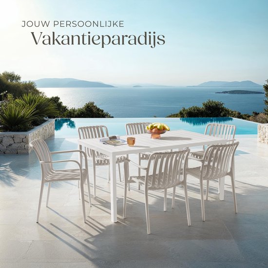 tectake® Set van 4 Tuinstoelen Alcudia - Taupe - Kunststof Stoelen met Armleuning- Stapelbaar - Stoelen voor Tuin, Terras of Balkon - Weerbestendig en UV-bestendig - Draagkracht 120kg per Tuinstoel