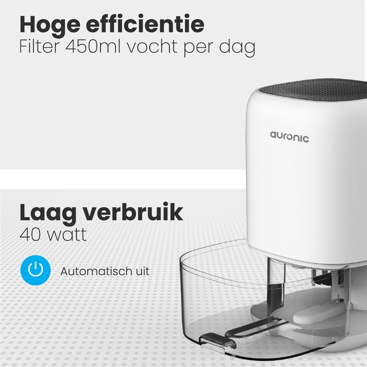 Auronic Luchtontvochtiger – 450 ml/dag – 1000 ml Reservoir – Tot 20 m² – 25,6 x 15 x 15 cm – Wit