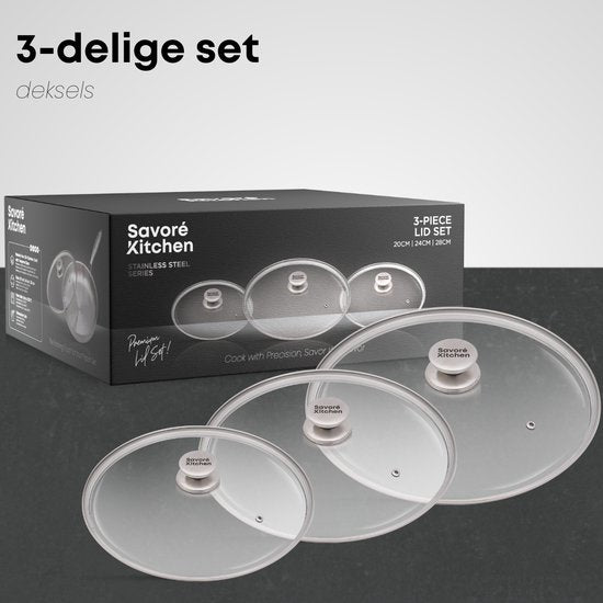 Savoré Kitchen Pannendeksel Set 3-delig - Deksel voor koekenpan Ø 20, 24, 28 cm - RVS - Glas