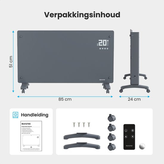 Auronic Elektrische Kachel – Convectorkachel met Thermostaat en Afstandsbediening - Glazen Paneelverwarming - 2500W Heater - Grijs