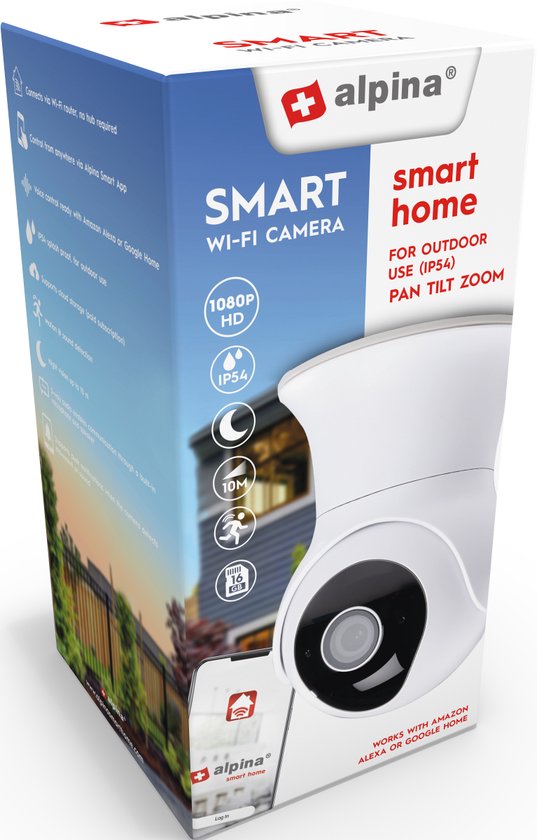 alpina Smart Home Wifi Camera - Full HD 1080p - Bewakingscamera voor Buiten - Geluid- en Bewegingssensor - Nachtvisie - met App - IP54 Stof- en Waterdicht
