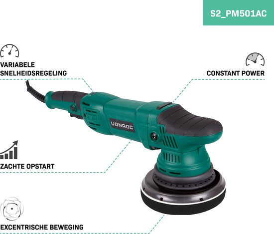 VONROC Excentrische polijstmachine - poetsmachine – 1050W – Ø150MM – Soft start – Incl. 7 schijven, steunschijf & tas