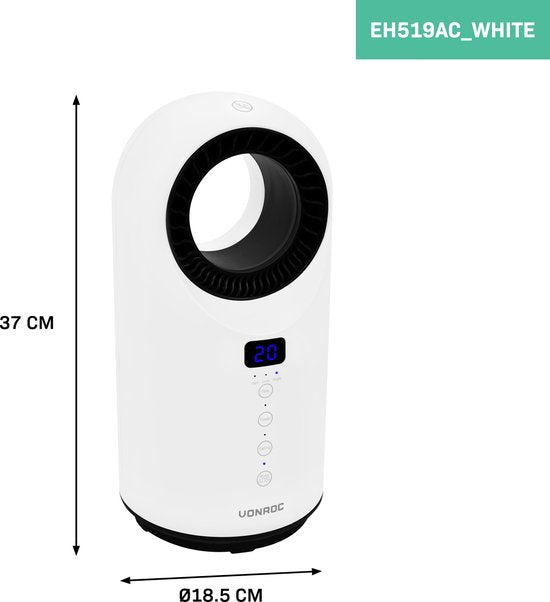 VONROC Elektrische kachel – ventilatorkachel - 1000W/1500W – bladeless - Keramisch - 3 Standen – Incl. afstandsbediening - zwenkfunctie - thermostaat en timer – 15m2 – wit