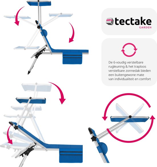 tectake® Ligbed Lorella met zonneluifel - Ligstoel - Zonnebed gestoffeerd - Inklapbaar - Voor in de tuin of op balkon - Met zijvak - Afmetingen (BxDxH) 220 x 60,5 x 34 cm - Blauw