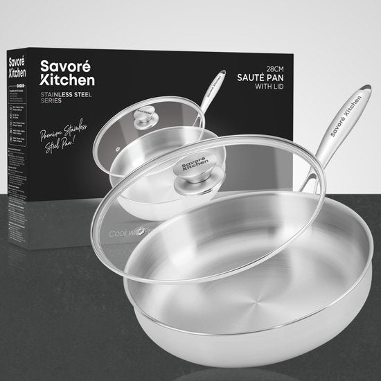 Savoré Kitchen Hapjespan 28cm met Deksel – Inductie Geschikt – RVS Sauteerpan - PFAS Vrij