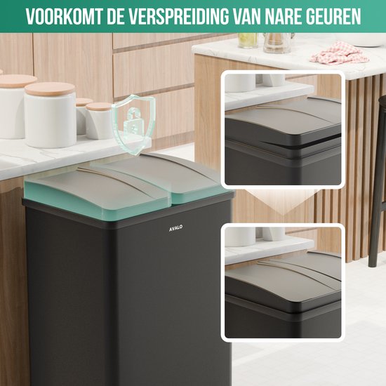 Avalo Prullenbak Afvalscheiding 60 Liter - RVS Zwart - 2 Vakken - Milieubewust, Hygienisch & Vingerafdrukvrij - Pedaalemmer / Vuilnisbak