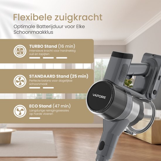 Vapore Steelstofzuiger Draadloos - 47 Minuten Accuduur - 350W - Snoerloze Stofzuiger - Zonder Zak - Op Accu - Vacuum Cleaner - Kruimeldief - Draadloze Steelstofzuiger - Zwart