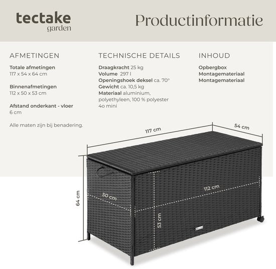 tectake® Wicker opbergbox - Outdoor kussenbox - Uitneembare binnenzak - Weerbestendig en afsluitbaar met deksel - Verrijdbaar - Inclusief 2 handgrepen, 2 wielen met rem en gasveren - Inhoud 297 l - Afmeting (LxBxH) 117 x 54 x 64 cm - Zwart