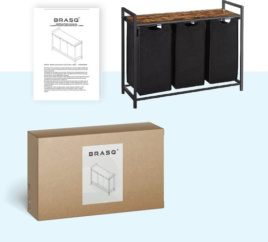 BRASQ Wasmand 3 vakken - Wassorteerder 114 Liter - Uitschuifbaar met Plank 92,5x33x71 cm - Wasbox Zwart Metaal - Bruin hout - Basket