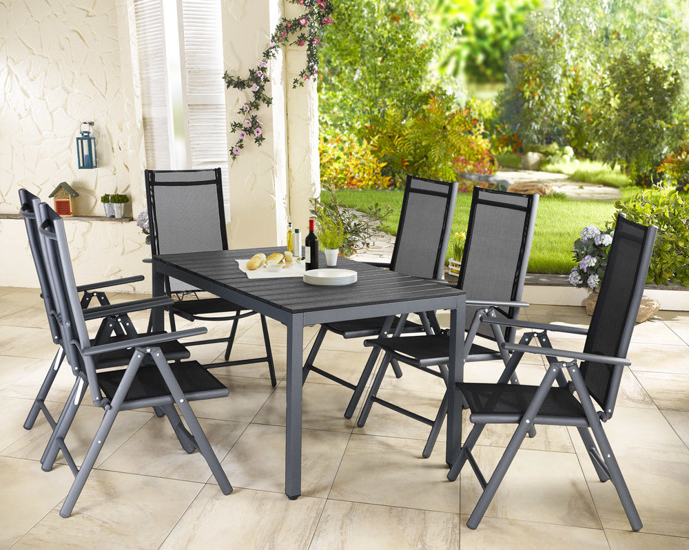 Tuinset 6 + 1 Klapstoelen Tuintafel \/u2013 Aluminium 140x80cm - Grijs