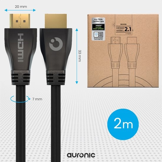Auronic HDMI Ultra High Speed 2.1 Kabel - Ethernet - Male to Male Cable - Zwart - 2 meter