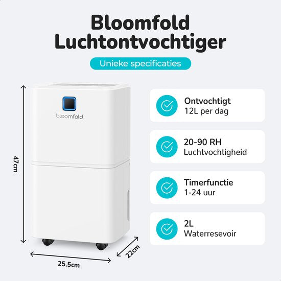 Bloomfold Luchtontvochtiger - 12L per Dag - Incl. Was-droog Functie - Geschikt voor Woonkamer, Slaapkamer, Kelder & Badkamer - Dehumidifier - Wit