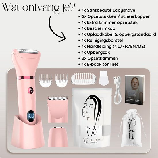 3-in-1 Ladyshave met Display - Gezicht - Oksels - Benen - Bikinilijn - Sansbeauté® - Scheerapparaat Vrouw - Ontharingsapparaat Electrisch Ontharen - Gezichtsontharing Dames - Trimmer Vrouw - Ladyshaves Bikini - USB Oplaadbaar