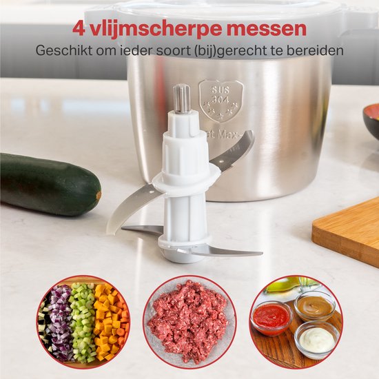 AoraKitchen Hakmolen - 5 Liter - 2 Snelheden - Chopper - 2000W - Elektrisch - 4 RVS Messen