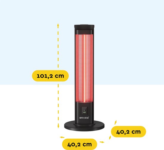 BRASQ Elektrische Terrasverwarmer staand – 2000 watt - 3 warmtestanden – met Afstandsbediening en timer – Infrarood heater – spatwaterdicht – verwarming voor binnen en buiten – Zwart