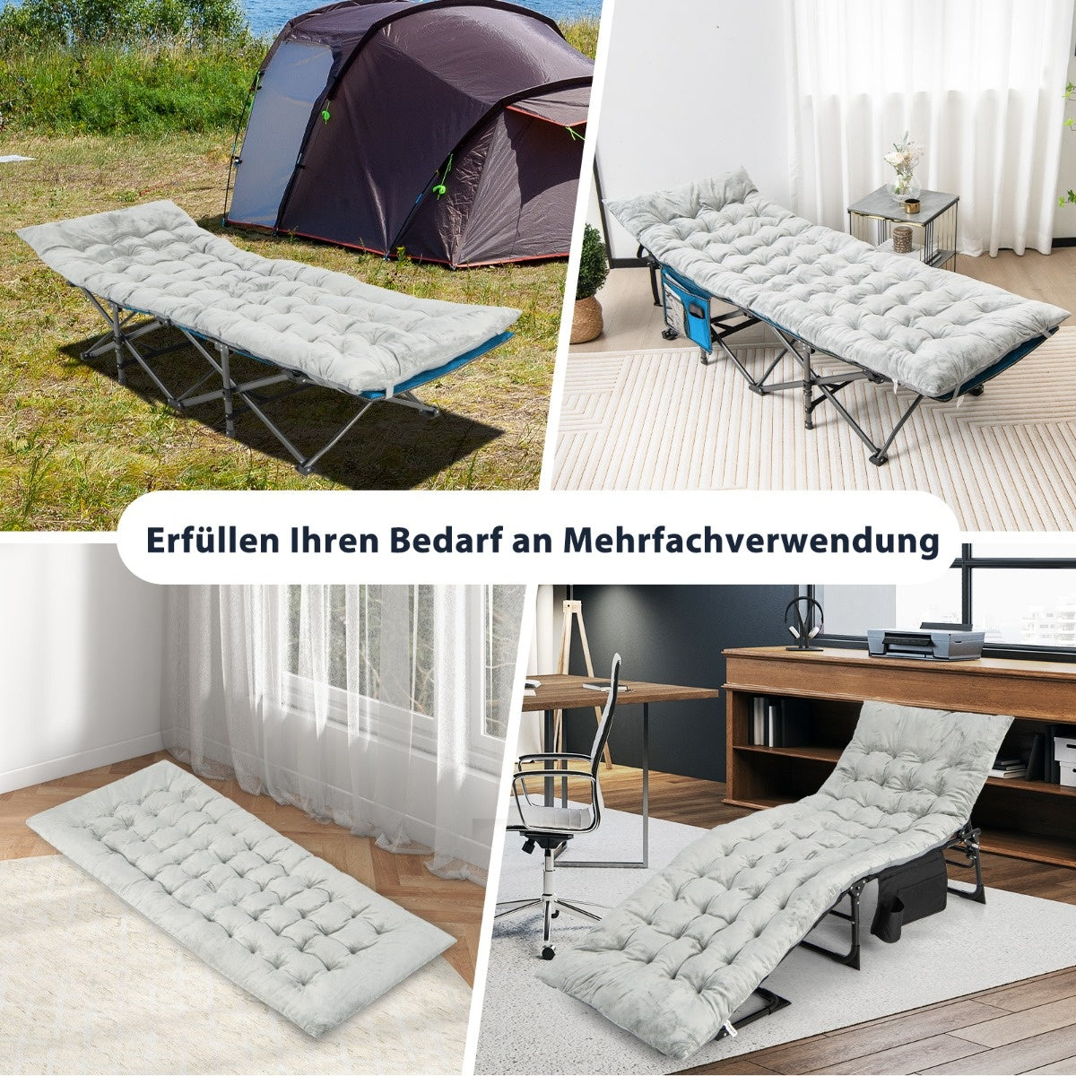 Coast 190 x 70 cm katoenen veldbeddekking 7 cm dikke martrine met 4 bevestigingsbanden grijs