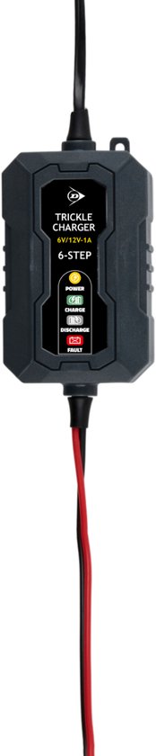 Dunlop Druppellader 6/12V 1A – Auto Oplader met 6-Staps Laadcyclus – voor Scooter en Motor – Beveiligd tegen Kortsluiting – Onderhoudslader voor Lood en Gel – Zwart