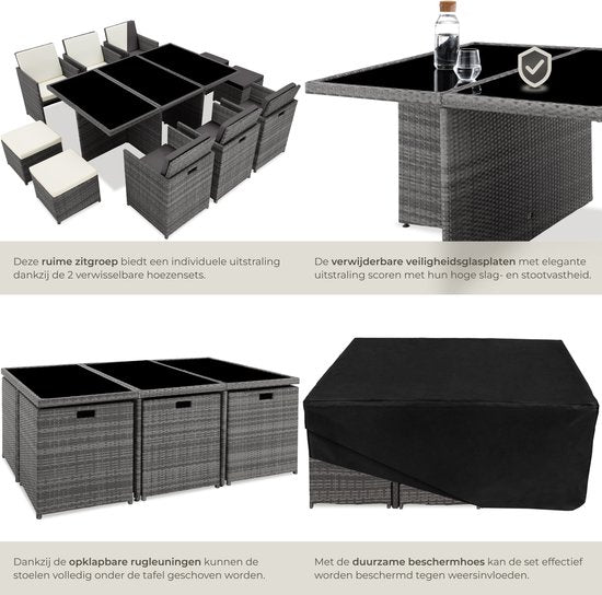 tectake® Loungemeubelset - Wicker tuinset - 6 stoelen, 4 krukken en 1 tafel - Tuinmeubelen voor balkon, tuin en terras - Inclusief beschermhoes en kussens - Met 2 kleuren hoezensets - Gemakkelijk te onderhouden - Glazen tafelblad - Grijs