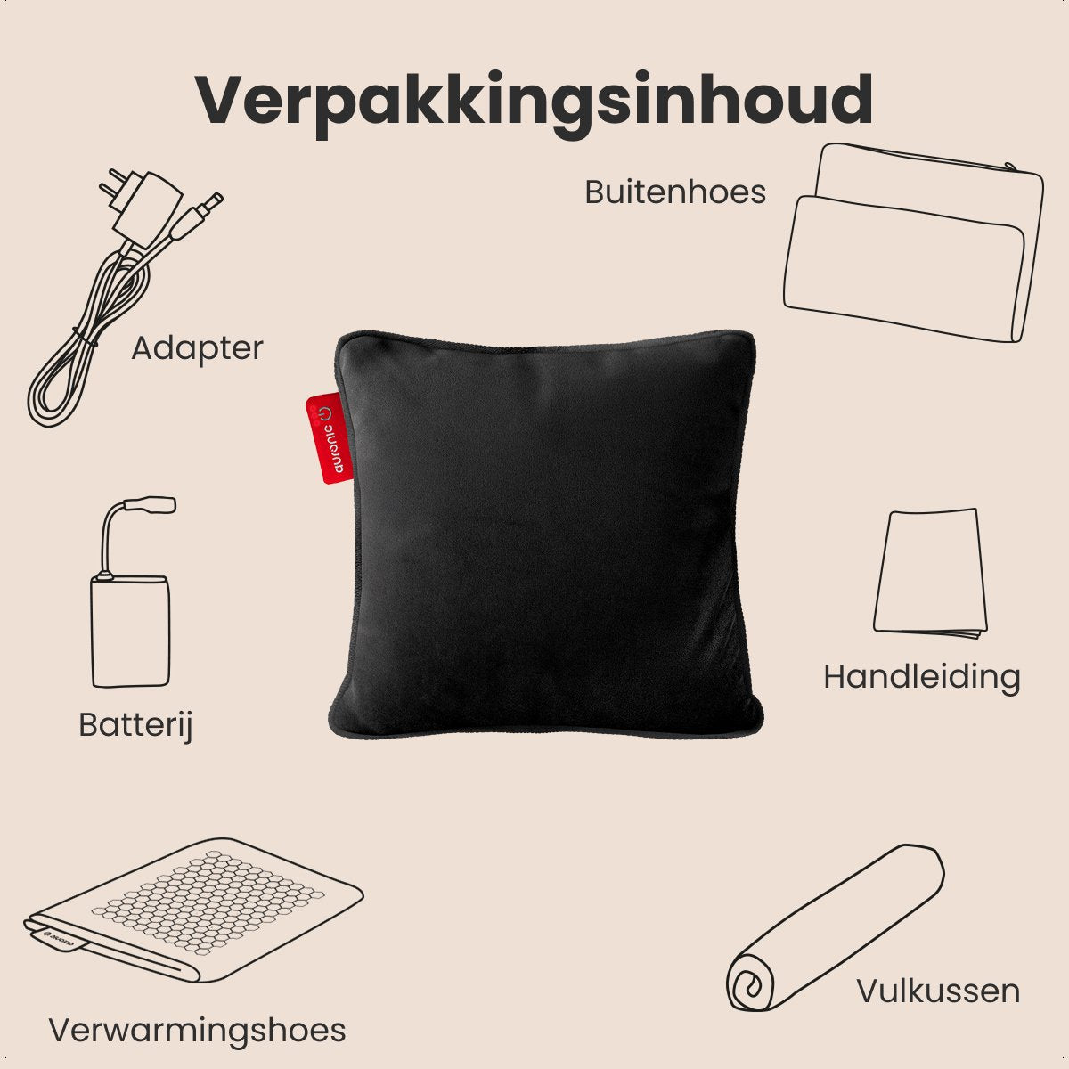 Auronic Warmtekussen - Velvet - 45x45 - Draadloos - Oplaadbaar - Elektrisch kussen - Infrarood - Zwart